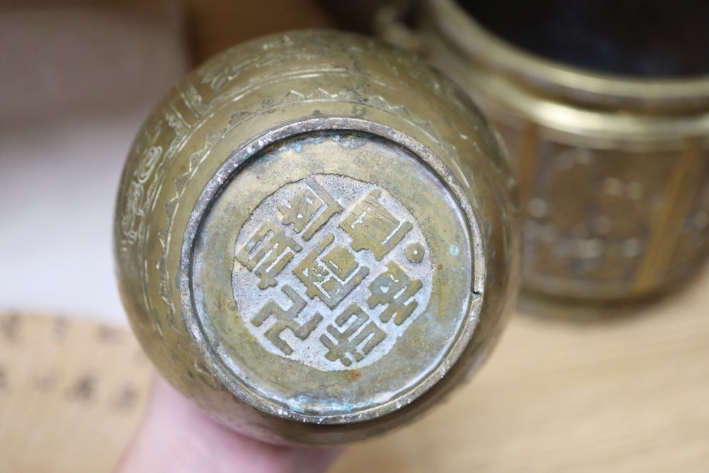 Two Chinese bronze vases and a jardiniere, tallest vase 37cm